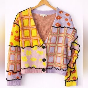 Oversized Cropped Patchwork Cardigan Small Colorblock Knit Y2K Cottagecore